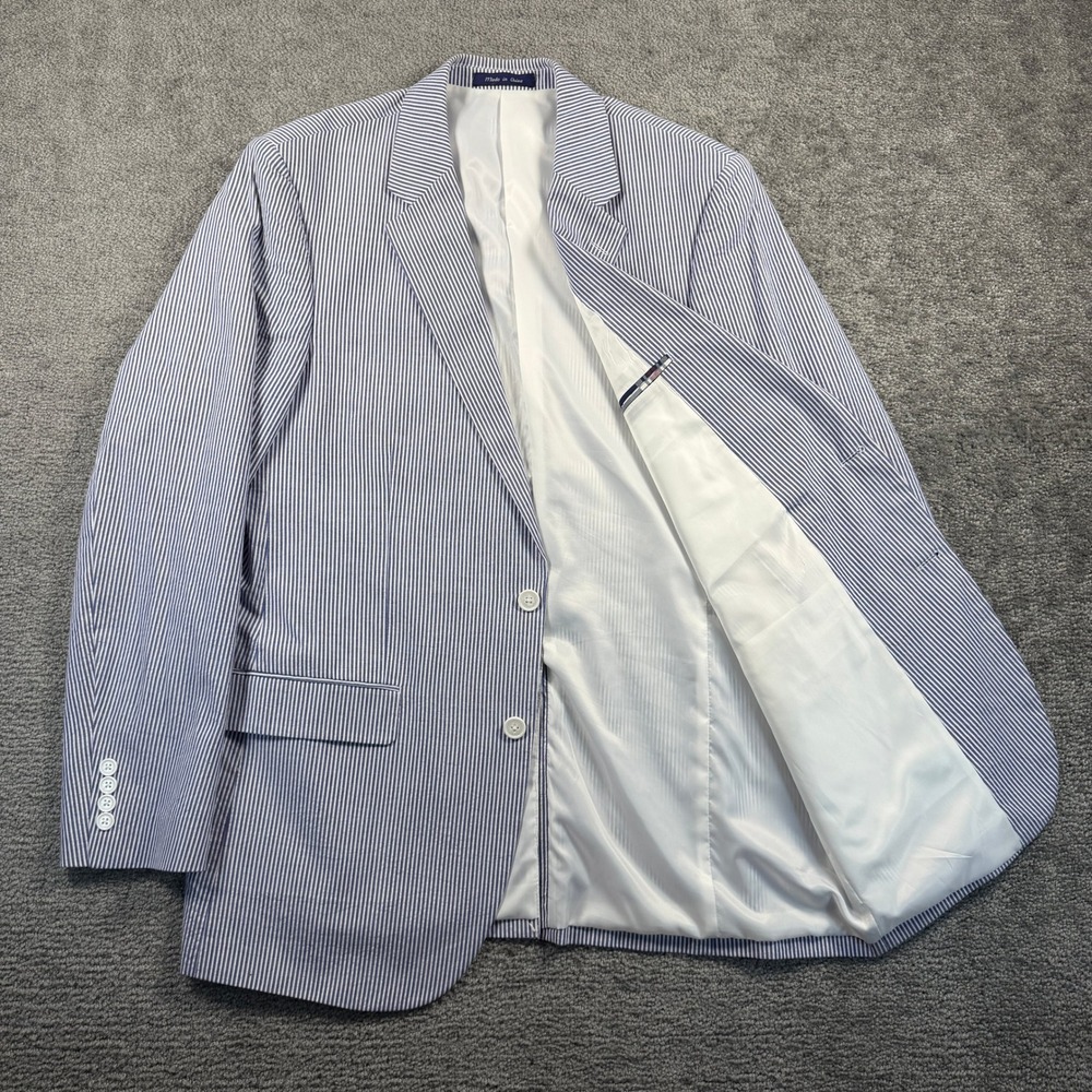 Alan Flusser Mens Seersucker Blazer Blue White Striped Cotton Sport Coat 42L